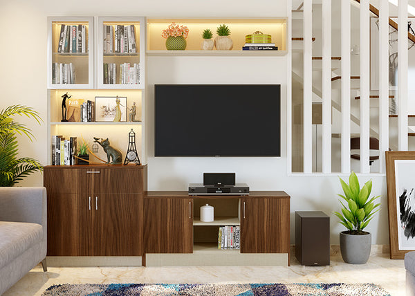 1 BHK interior design with multi-functional storage solutions for the living room