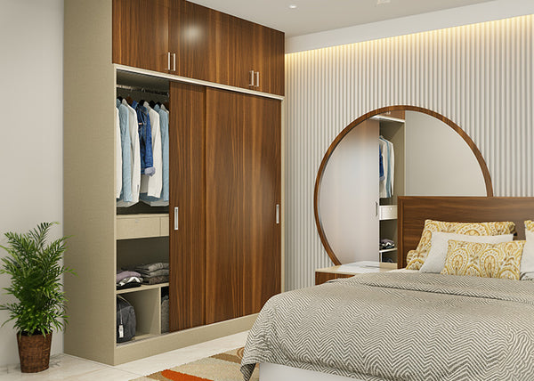 2-door sliding wardrobe design in wood finish with loft storage