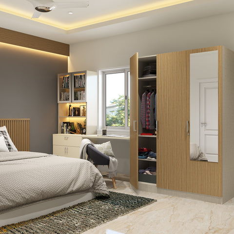 A 3-door wardrobe design with an attached study unit is perfect for working from home