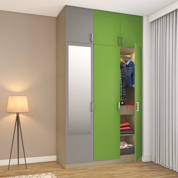 Lime green and grey laminates 3-door wardrobe with mirror design