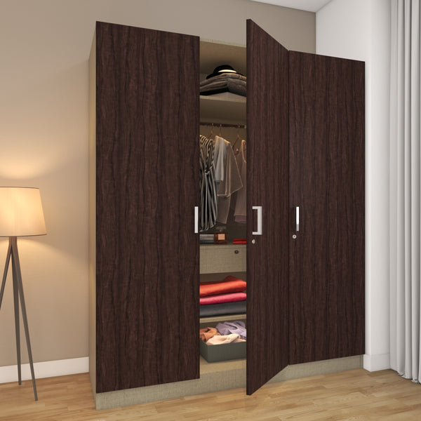 Dark walnut wood finishes a 3-door wooden wardrobe design that gives a homely feel