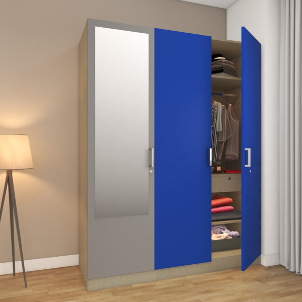 Blue and light grey 3-door wardrobe design with a mirror doubles as a dresser