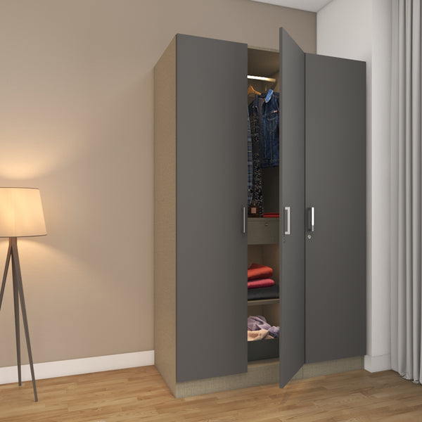 Charcoal grey 3-door wardrobe interior design in a classic neutral bedroom
