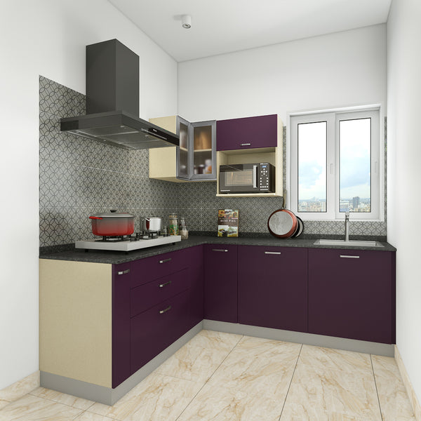 A compact modern l-shaped kitchen in berry-coloured laminates gives a bold statement