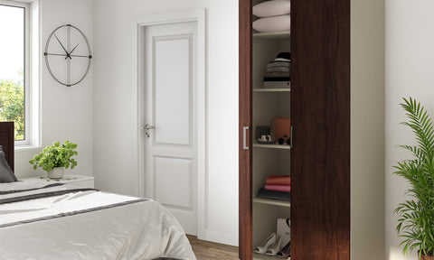 Freestanding bedroom wooden wardrobe design in a sleek dual-tone finish