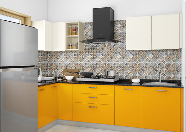 Frost white and yellow kitchen cabinet against Moroccan backsplash