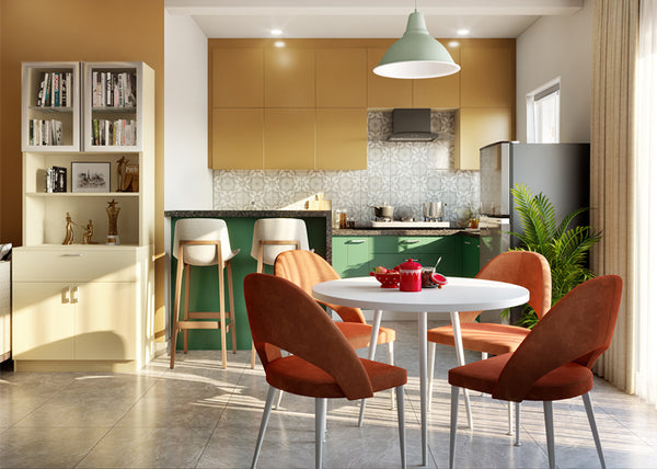 Green colour kitchen cabinet paired with a mustard yellow overhead cabinet finish