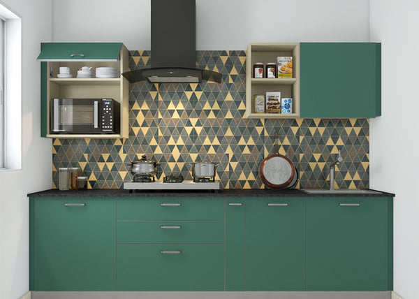 Green kitchen cabinet offer a beautiful nature-inspired look with a geometric backsplash