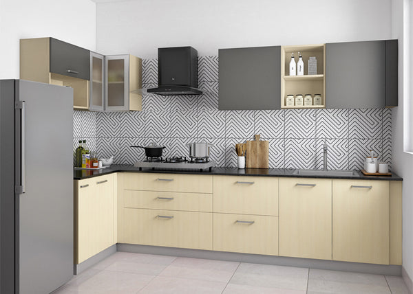 Glossy finish grey and white kitchen cabinets