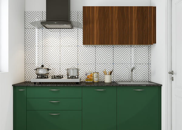 Kitchen cabinet colour scheme: green cabinets paired with earthy wood.