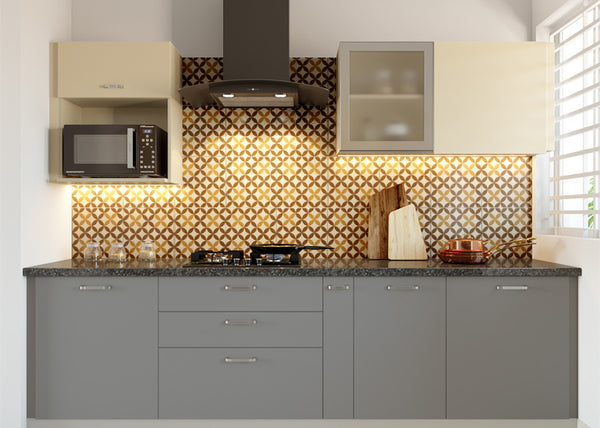 Low-budget kitchen interior design in a classy grey and beige colour