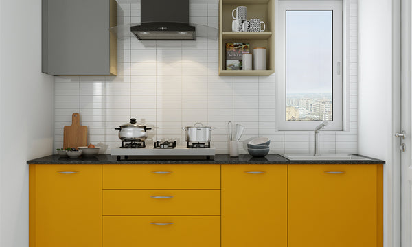 Modern kitchen design in Mango and grey colour for a luxurious look