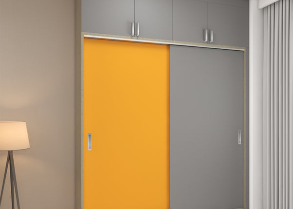 Bedroom wardrobe colour combination in mango and light grey for a trending look