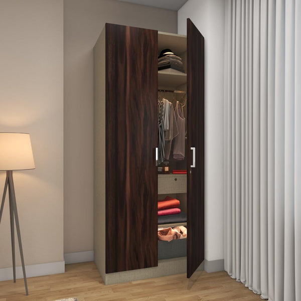 A modern 2-door wardrobe design with ebony finish laminates lends a classic wooden look