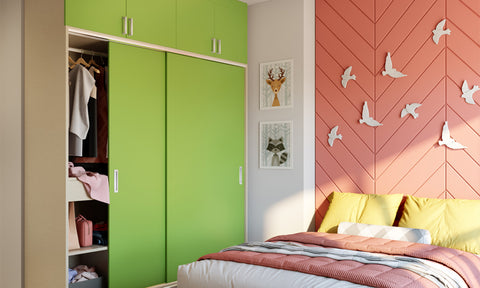 Modern sliding wardrobe design with sectionals in green colour
