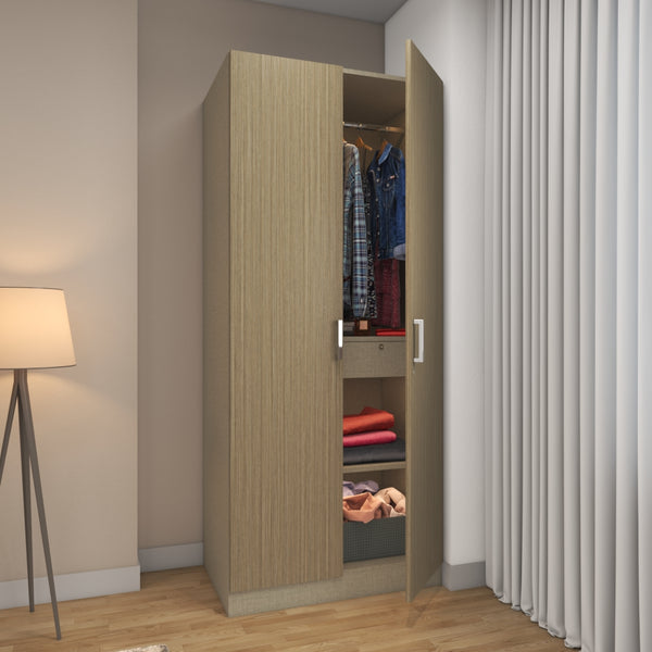 A modern small 2-door wardrobe design with natural teak laminate finish adds an earthy look to your home