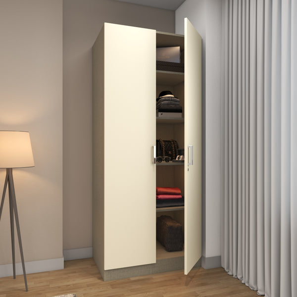 A modern wardrobe design 2-door in frosty white laminates makes it look sleek and versatile