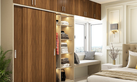 Modern wooden wardrobe design with a window bay seating