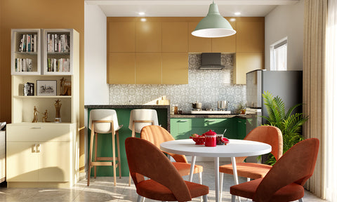 Modular kitchen 2 bhk flat interior design with green cabinets amplifies storage