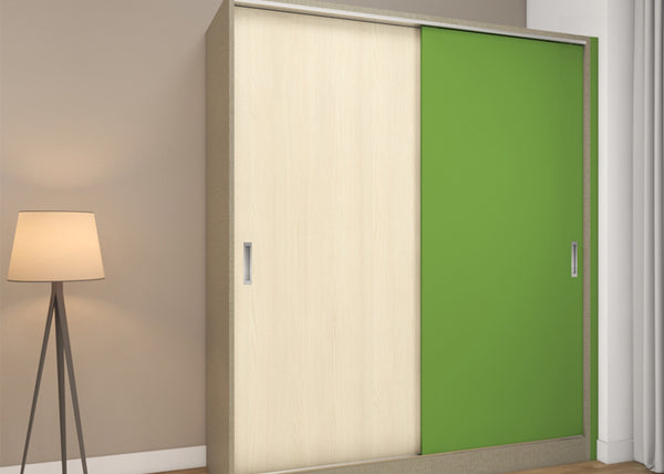 Bedroom wardrobe colour combination in pinewood and lime green to add liveliness