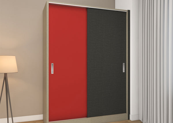 Bedroom wardrobe colour combination in rose red and tweeted grey to add warmth