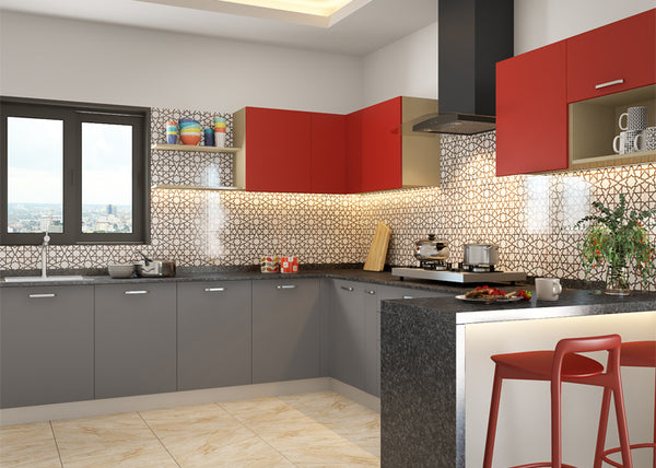 Red and grey kitchen cabinets that are well-designed and offer plenty of storage space