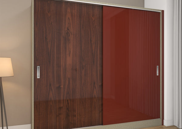 Bedroom wardrobe colour combination in deep red and walnut brown for a luxurious look
