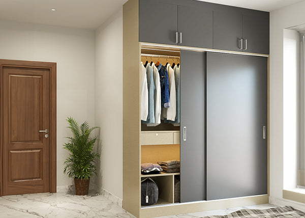 Grey sliding wardrobe laminate design amps up the aesthetics of the room