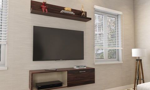 Small one-bedroom living room interior design with wall mounted TV unit