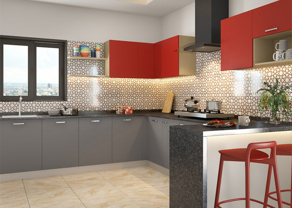 Red and grey space-saving cabinet in an L-shaped kitchen