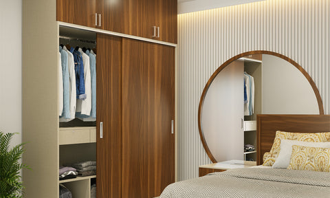 Bedroom wardrobe design in wooden laminate finish for a classic look