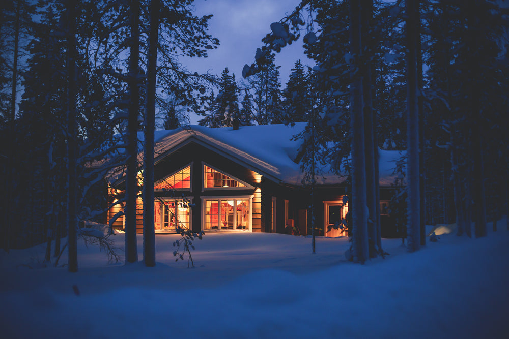 A log cabin in snowy woods.