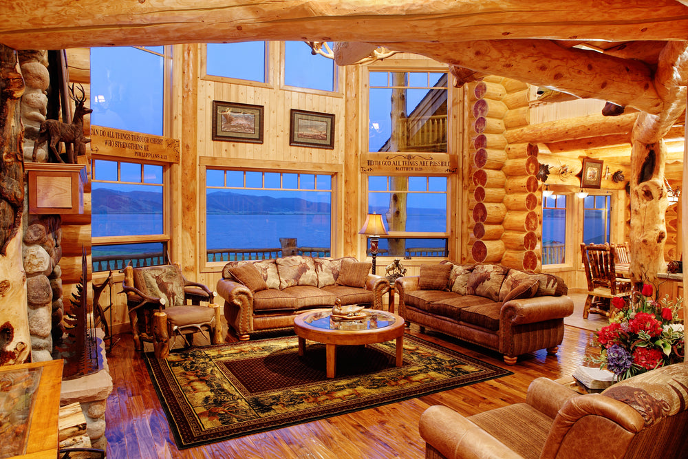 rustic living room with patterned rug