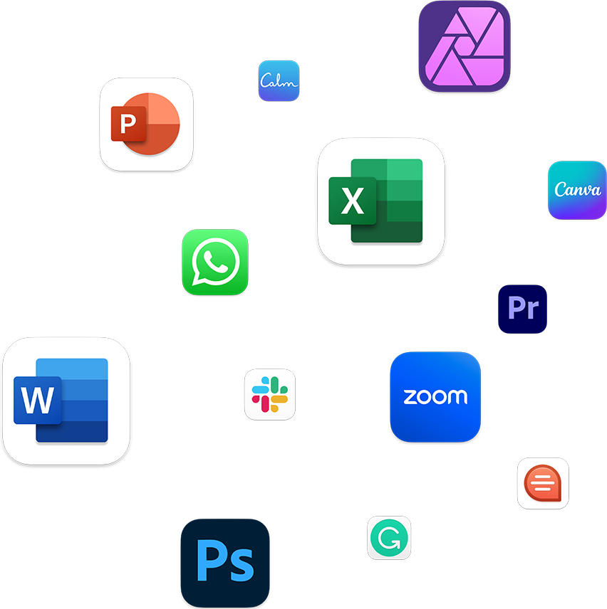 Se muestra la compatibilidad con apps como Microsoft PowerPoint, WhatsApp Escritorio, Microsoft Excel, Canva: Design, Photo & Video, Adobe Premiere Pro, Microsoft Word, Slack para escritorio, Zoom, Adobe Photoshop, Grammarly: Writing App y Quip.