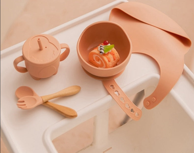 2pcs/set Food Grade Silicone Mini Fork Spoon For Baby Wooden Print Utensils  Set Feeding Spoon Learn To Eat Children's Tableware