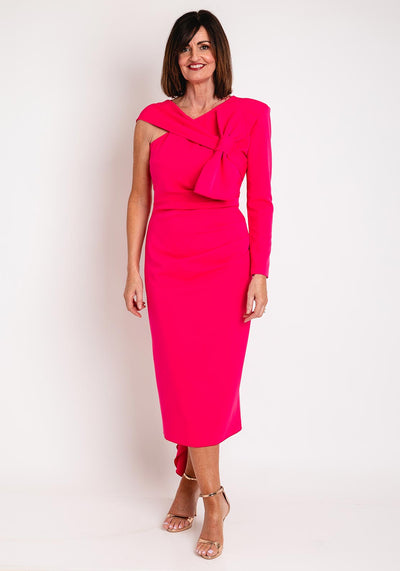 Pamela Scott Ruched Detailing V Neckline Dress in Fuchsia