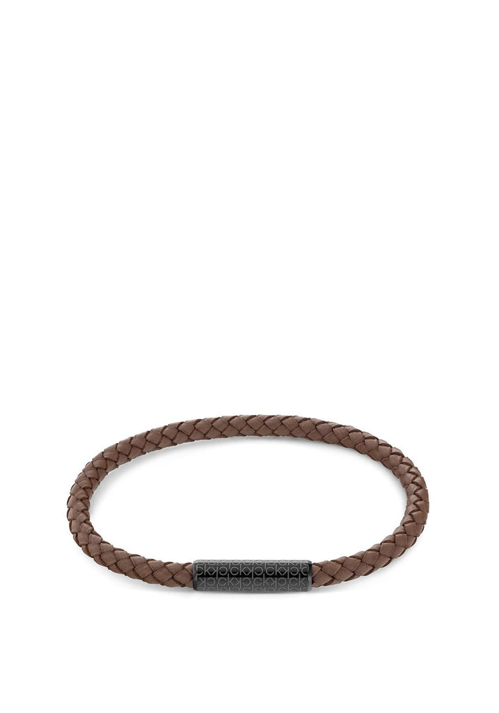 Calvin Klein Mens Leather Braided Bracelet, Brown - McElhinneys