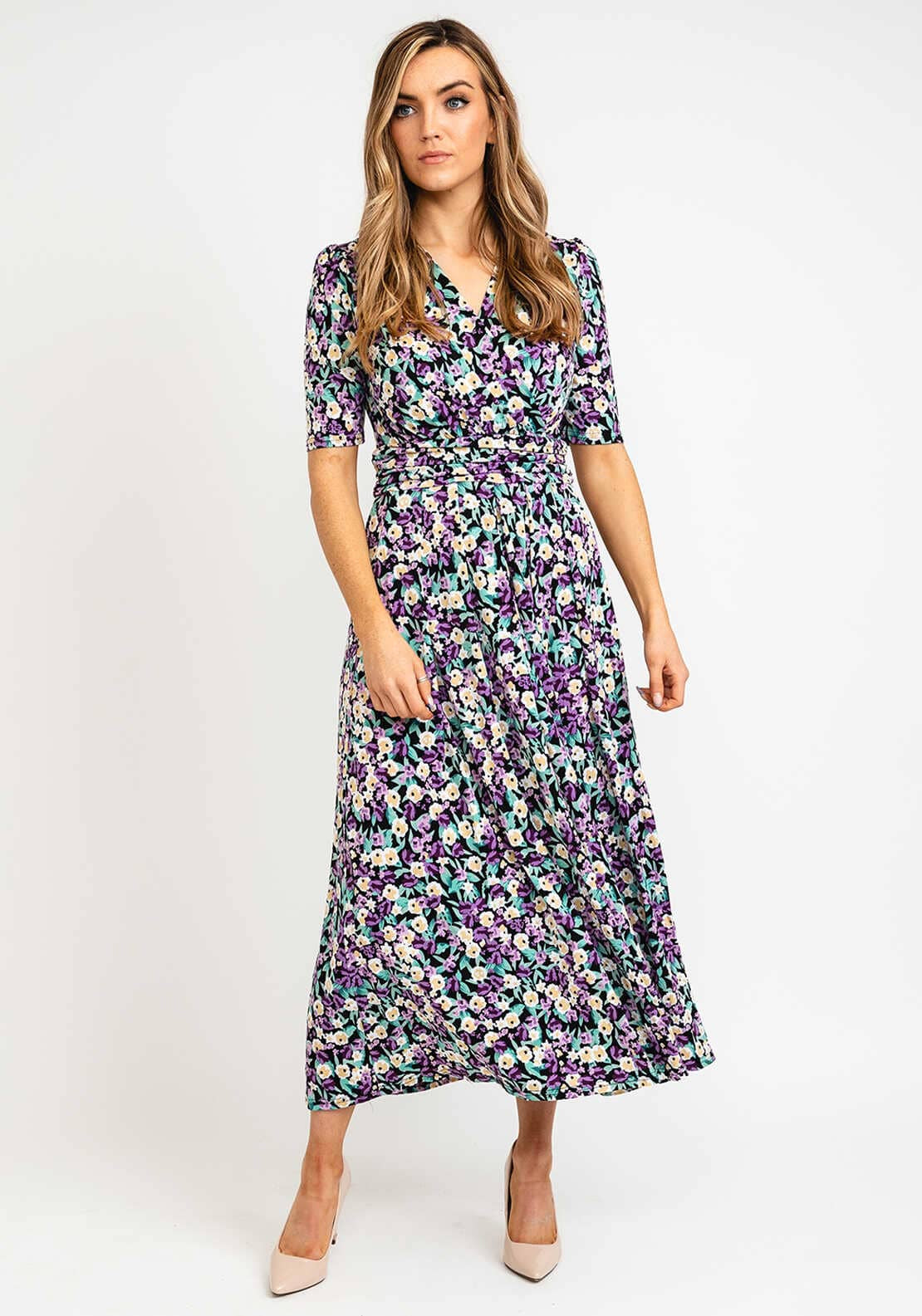 Jolie Moi Floral Molly Midi Dress, Purple Multi - McElhinneys