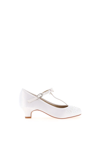 Girls White Satin Communion Shoes with Heel and Strap