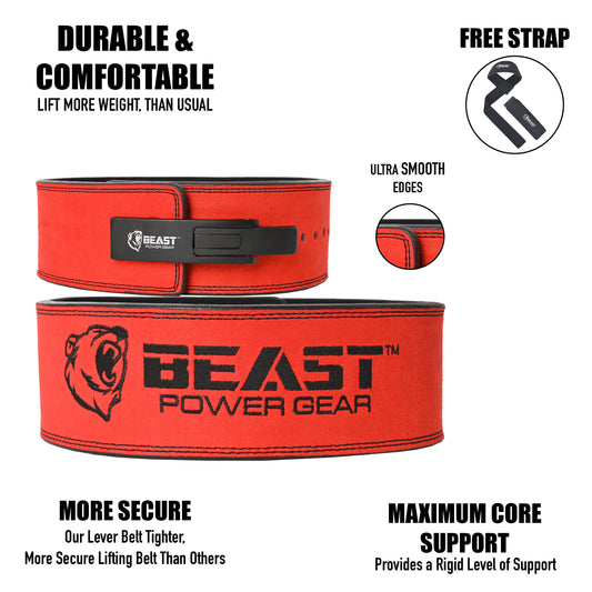 Beast Power Gear Weight Lifting Belt with Free Strap - 4 Inches Wide 10MM  13MM Lever Belt Weightlifting with Lever Buckle 