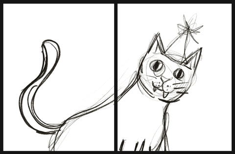 rough sketch of a cartoon cat on a greeting card