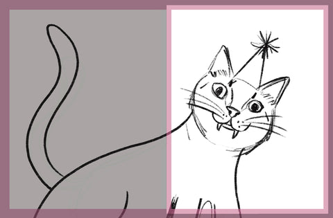 Sketch of a cat in a birthday party hat on a greeting card.