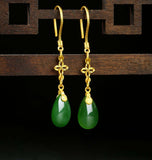 Hetian Jade Jasper Gold Four Leaf Clover Drop Earrings