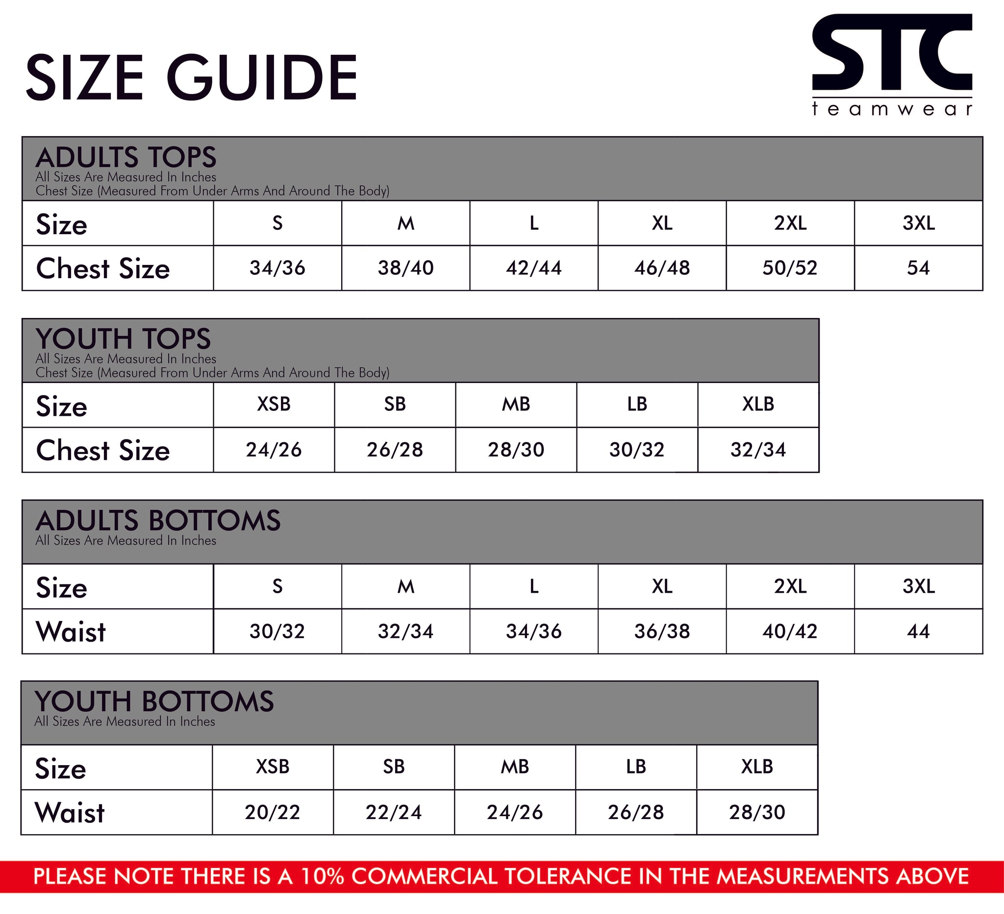 SIZE GUIDE - Behrens – STC Teamwear Stores