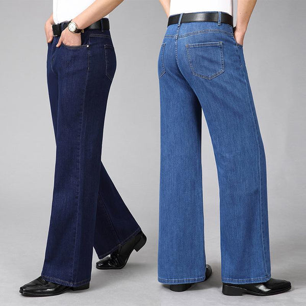 HAORUN Men Denim Flared Pants Retro 60s 70s Stretch Wide Leg Bell Bottom Jeans  Trousers 