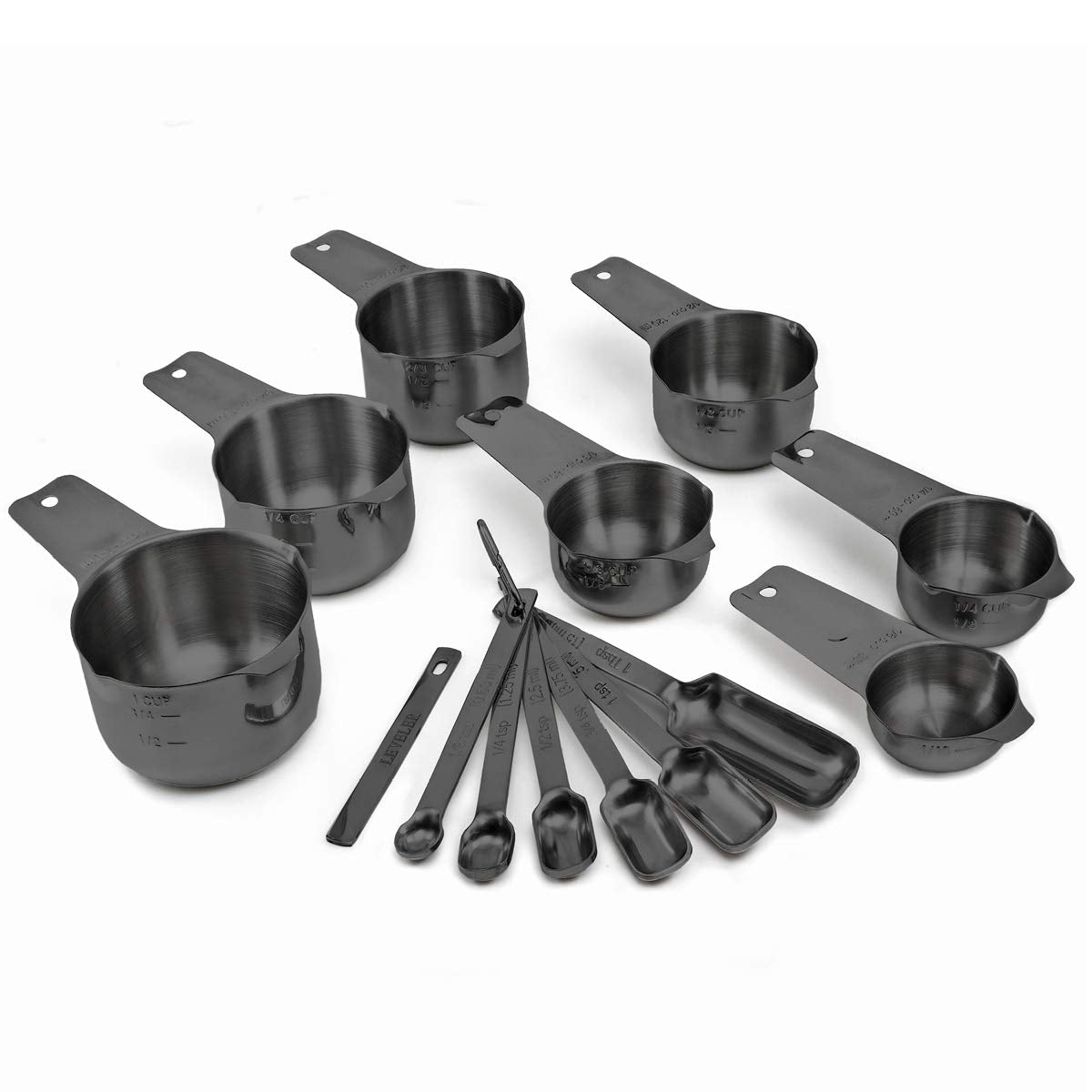 2lbDepot Black Measuring Cups & Spoons Set of 14, Premium Stainless Steel  Metal,