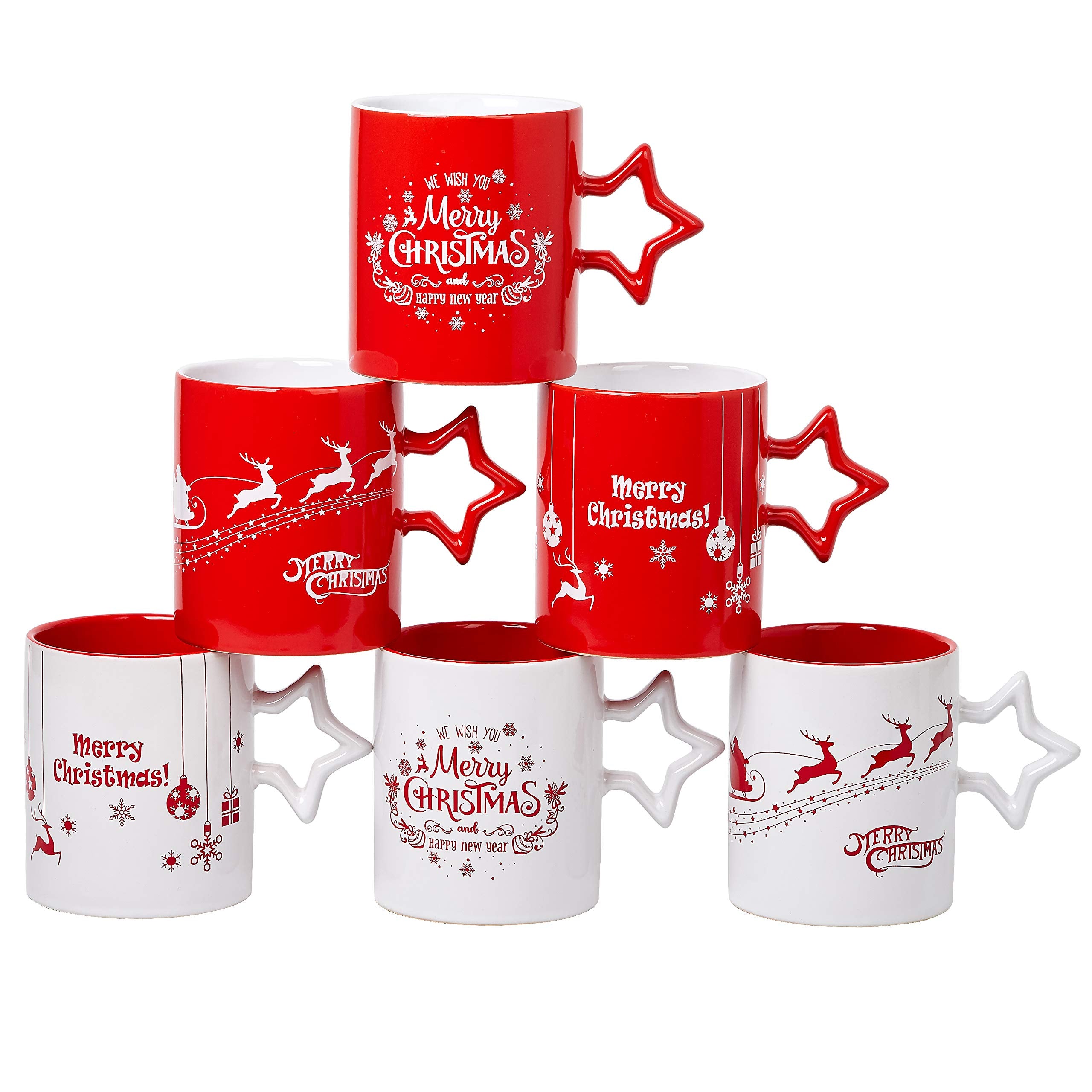 Set of 6 Large-Sized 14 Ounce Ceramic Coffee Mugs Christmas Theme