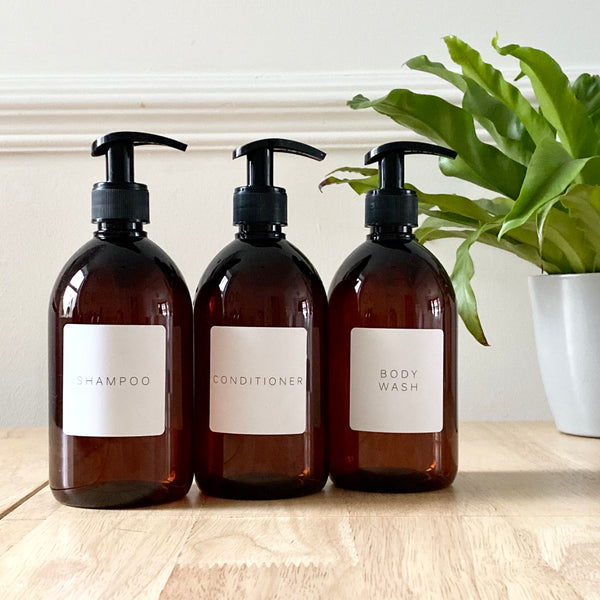 Usikker hoppe Melting Plastic Amber Shampoo Conditioner Body Wash Bottle | Bathroom Organisation  | Pantri Home