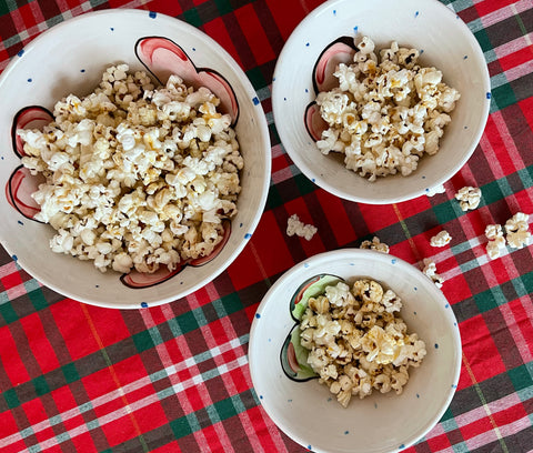 Seasoned savoury popcorn in handmade Irish pottery bowls made by Charlie Mahon in Cork, Ireland