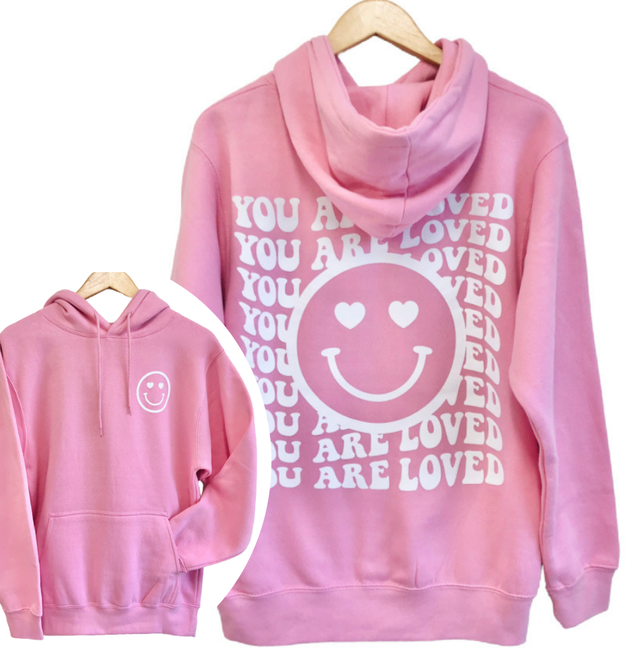 You are Loved' Happy Face Hoodie - Red with Neon Pink – The Shop